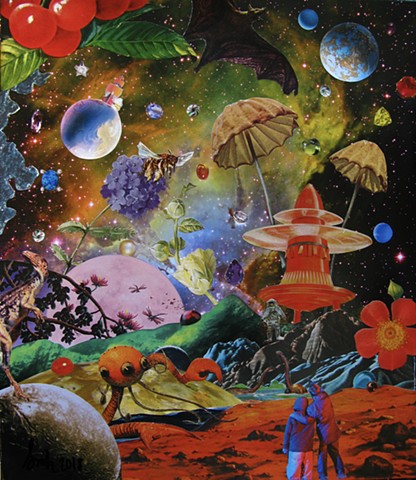 Original art, Hand-cut analog surreal collage on paper featuring Dinosaurs, an alien, the Cosmos, Universe, Gems, Stars, a rocketship, mushrooms, cherries, a bat, and some flowers