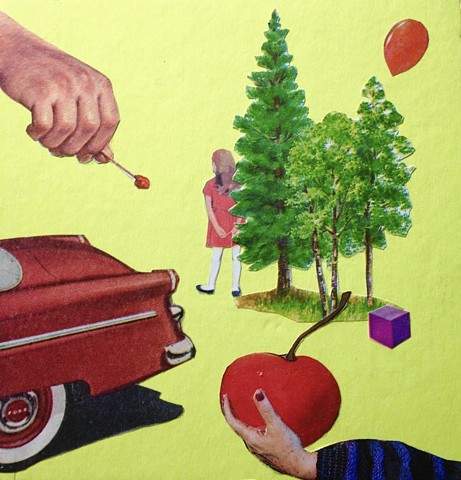 Hand cut analog collage 5 x 5” surrealism dada cherry red girl car