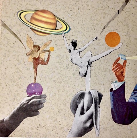 Hand cut analog collage 5 x 5” surrealism dada dancers balance on hands