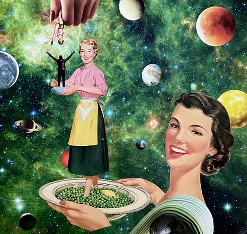 Trippy, psychedelic cosmic original hand-cut collage art, featuring a server serving a server and so on and so on, in a sunny, starry universe.