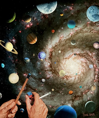 Trippy, psychedelic cosmic original hand-cut collage art, featuring some planetary billiards in a starry universe.