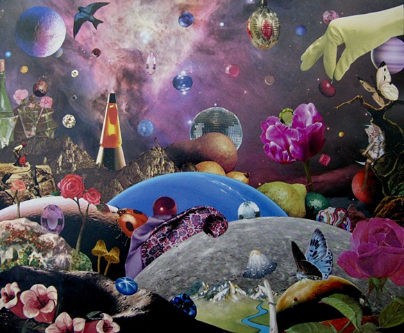 Original art, Hand-cut analog surreal collage on paper featuring a disco ball, some fruit, Planets, the Cosmos, Universe, Gems, Stars, a Lava Lamp, a rose and flowers, a woman on the moon, butterflies, and the colors pink and purple