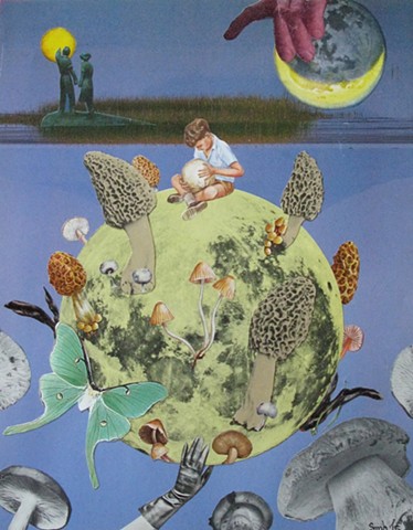 Mushrooms on the moon in a periwinkle sky. Analog collage collage-a-dada shawn marie hardy