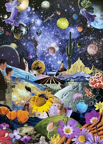 Trippy Psychedelic Cosmic Collage with stars, planets, moons, and some cool spectators enjoying their otherworldly experience.