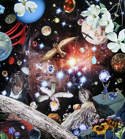 Surreal Analog Collage showing how cool it is in outer space when it's full of jewels, birds, flowers, stars, children, and planets. 