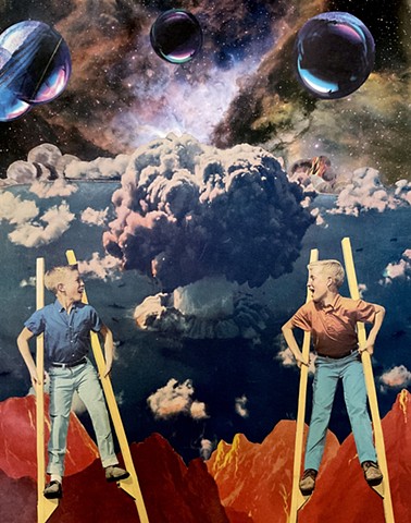 Hip hip hooray for the Atomic Bomb as boys walk on stilts in glee in this dada surreal collage