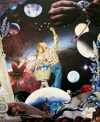 This lovely woman is harvesting stars from the universe and tidying up the planet. What a lovely earthly garden she tends. By Shawn Marie Hardy, Collage-a-Dada
