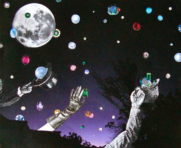 Jewels and stars and planets can all be collected by hands holding hats. Analog collage, surrealism, collage-a-dada, shawn marie hardy