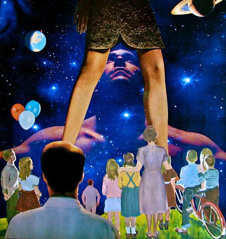 The big guy in the sky can't help but look up at the moon while all the kids from school watch. Analog collage, surrealism, collage-a-dada, shawn marie hardy