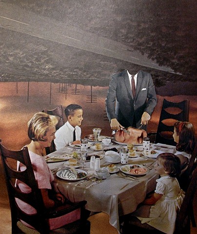 Dad is carving his own bloated face for supper in this dada surreal collage. Not for vegans.
