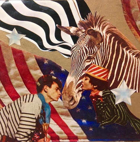 Hand cut analog collage 5 x 5” surrealism dada stars stripes zebra love