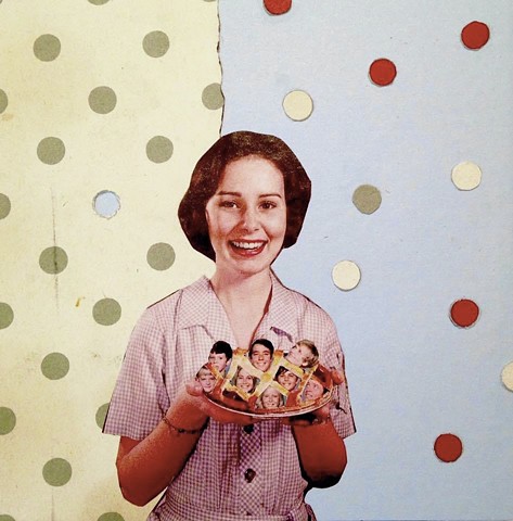 Hand cut analog collage 5 x 5” surrealism dada Brady Bunch Pie