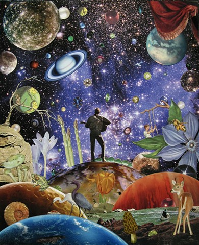 Original art, Hand-cut analog surreal collage on paper featuring a Guitar Player, Planets, the Cosmos, Universe, Gems, Stars, a deer, a boy on a swing, a canoe, flowers, heron, and the color purple