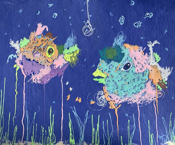 Original acrylic and gel pen drawing, featuring little fish, on archival paper