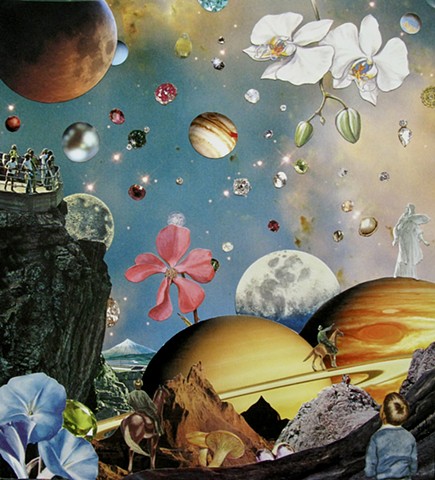 Original art, Hand-cut analog surreal collage on paper featuring Cowboys, Planets, the Cosmos, Universe, Gems, Stars, a Train, Orchids and other flowers, and the color turquoise