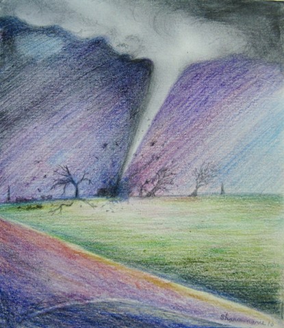 Stormchasing is fun when there's a tornado along the path. Surreal drawing in purple, blue, and green
