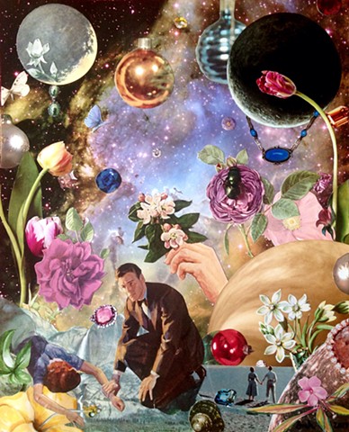 Things are a'buzz in outer space with planets, flowers, flies, jewels, and happy and unhappy couples. Death does not become her. Analog collage
