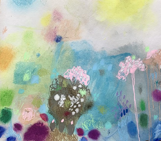 Original acrylic and ink abstract painting, featuring flowers, on archival paper