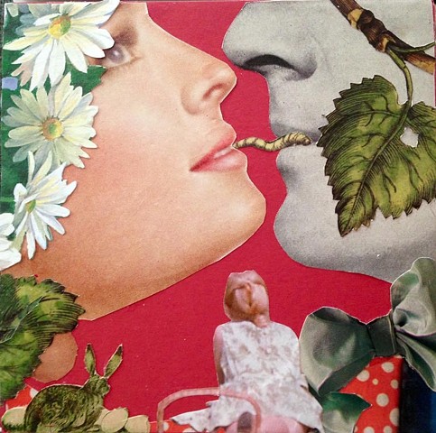 Hand cut analog collage 5 x 5” surrealism dada car sex love procreation