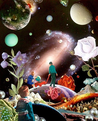 They carried the world away in a little red wagon, through outer space, to another world far away, while all the people watched in awe. Analog collage.