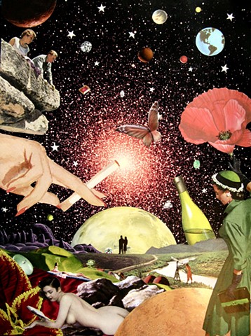 Original art, Hand-cut analog surreal collage on paper featuring a nude woman, a poppy, a bottle of wine, Planets, the Cosmos, Universe, Gems, Stars, a sunbathers, a stargazer, a woman lighting a cigarette, a butterfly, and the colors red and green
