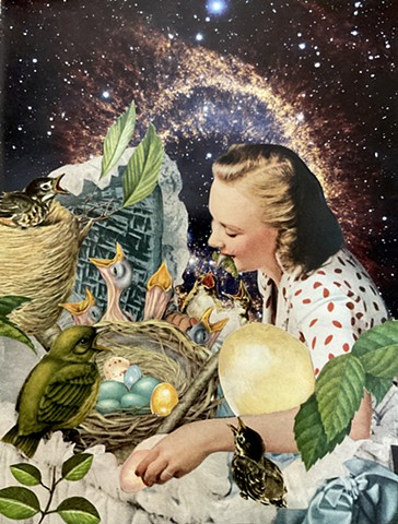 This woman loves feeding the birds and even has a beak to prove it. Baby birds love her in this surreal collage