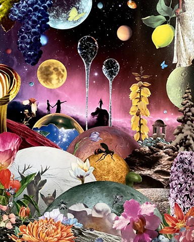 Animals and humans love to come here to hear the secrets of the cosmic garden. Where the deer and no antelope roam. It’s a planetary and surreal delight across the universe in this whimsical hand cut collage.
