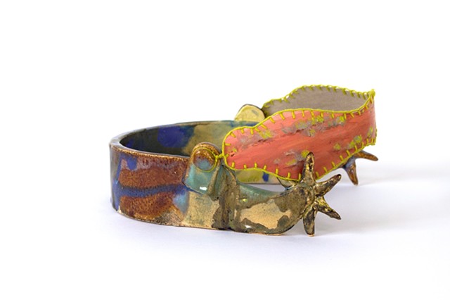 Soft Signal, 2026 Ceramic sculpture, oil on canvas, embroidery 21 x 17cm x 6cm