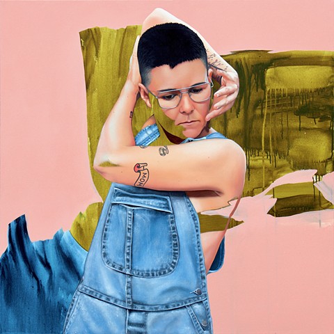 Mexican woman with shaved head wearing glasses and overalls. Realistic oil painting mixed with subtract in green, blue and pink. 