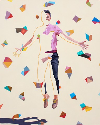 Portrait of an androgynous lesbian woman with a geometric colorful pattern.