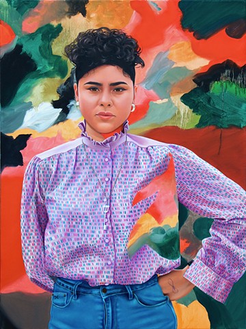 Painted portrait of singer-songwriter Montaigne wearing a patterned shirt, in front of an emerald green and red background.
