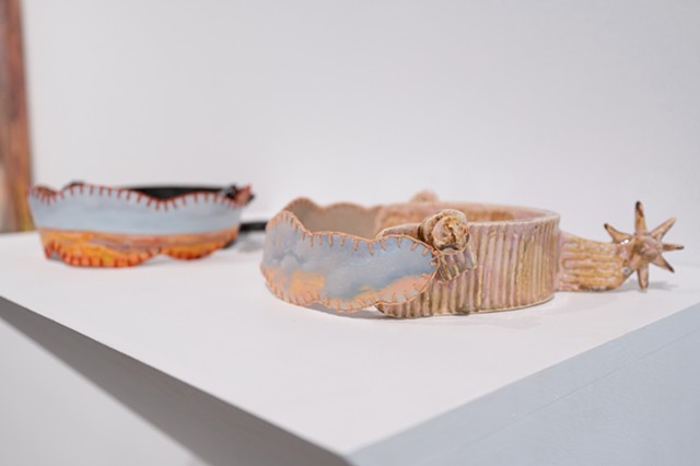 Unlearning the cue, 2026 Ceramic sculpture, oil on canvas, embroidery 28 x 20 x 4cm