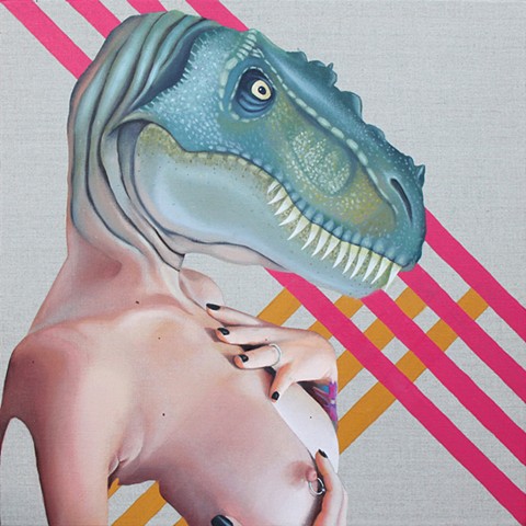 Painting of a tyrannosaurus rex dinosaur head on a nude woman.