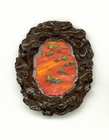 Held Landscape, 2026 Ceramic frame, oil on canvas, embroidery 15 x 13cm
