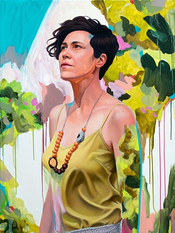 Samoan Australian Artist Tamara Armstrong wearing green top amidst a green and turquoise abstract background 
