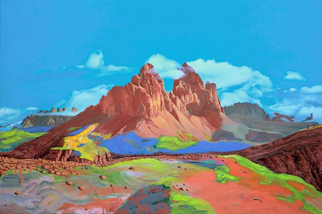 imagined desert landscape painted with vibrant colours, inspired by Australian outback and American Southwest. 