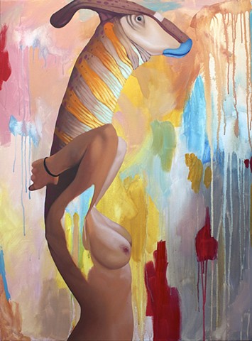 Figurative nude painting of a woman with a dinosaur head on an abstract background.