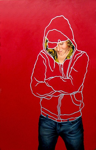 Large painting of a lesbian woman wearing a sweatshirt and jeans with a red background.