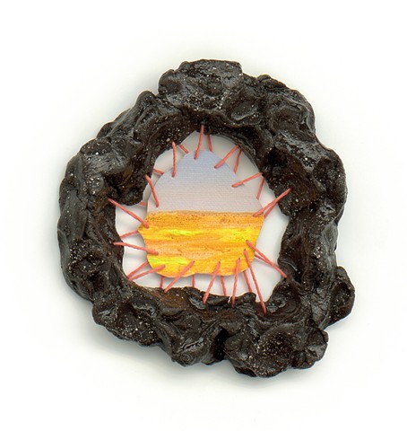 Small Horizons, 2026 Ceramic frame, oil on canvas, embroidery 12 x 11cm