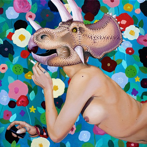 Painting of a triceratops dinosaur head on a nude woman.