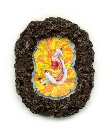 Left Unprotected, 2026 Ceramic frame, oil on canvas, embroidery 23 x 19cm