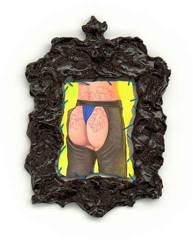Assless Chaps, 2026 Ceramic frame, oil on canvas, embroidery 23 x 17cm
