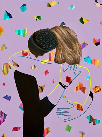 Two androgynous figures embracing among a multi-colours abstract pattern to capture the spirit of the times as Australia make marriage equality law. 