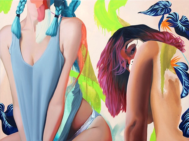 Figurative portrait of two women who identify as Suicide Girls, woman with pink hair and woman with blue hair in front of abstract botanical pattern.
