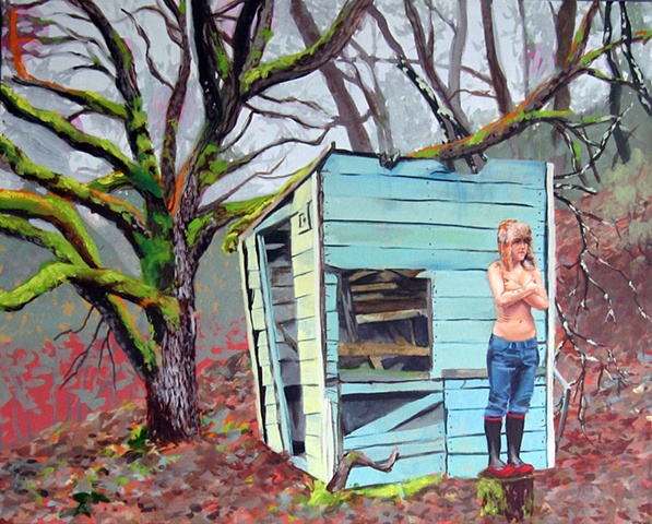 Landscape painting of lesbian in front of a shack in the forest of Northern California.