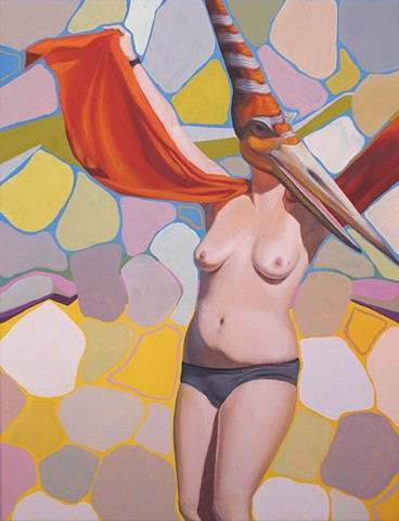 Painting of a Pterodactyl dinosaur head on a nude woman.