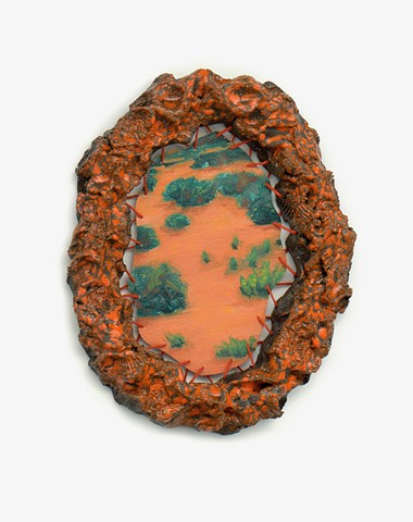 Suspended Landscape, 2026 Ceramic frame, oil on canvas, embroidery 17 x 13cm
