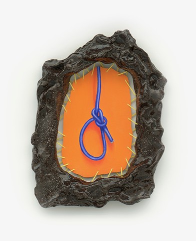 Cowboy Knot, 2026 Ceramic frame, oil on canvas, embroidery 21 x 16cm