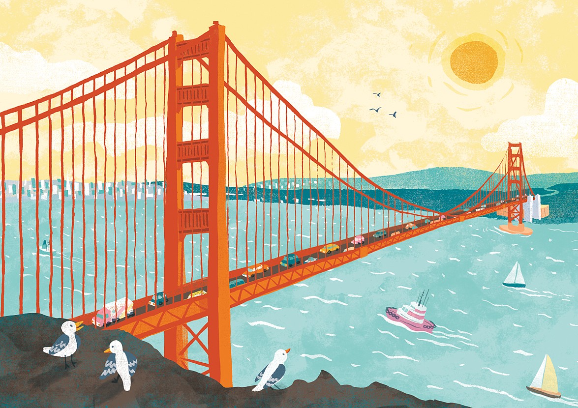 San Francisco, Golden Gate Bridge, San Francisco Bay, children's illus...