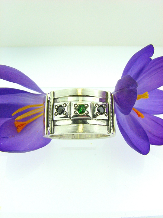 Sterlig Silver mens band with Black Diamond and Tsavorite Garnet accents. Matte finish